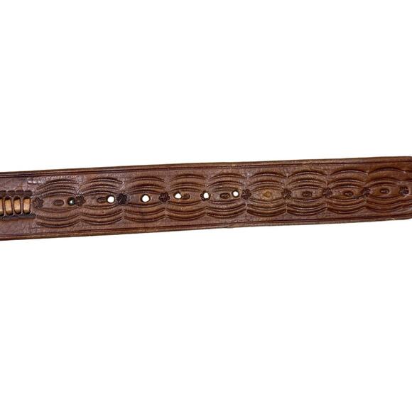 Vintage Brown Leather Belt Size S Woven Tooled Stamped Western Southwest Boho main image 5